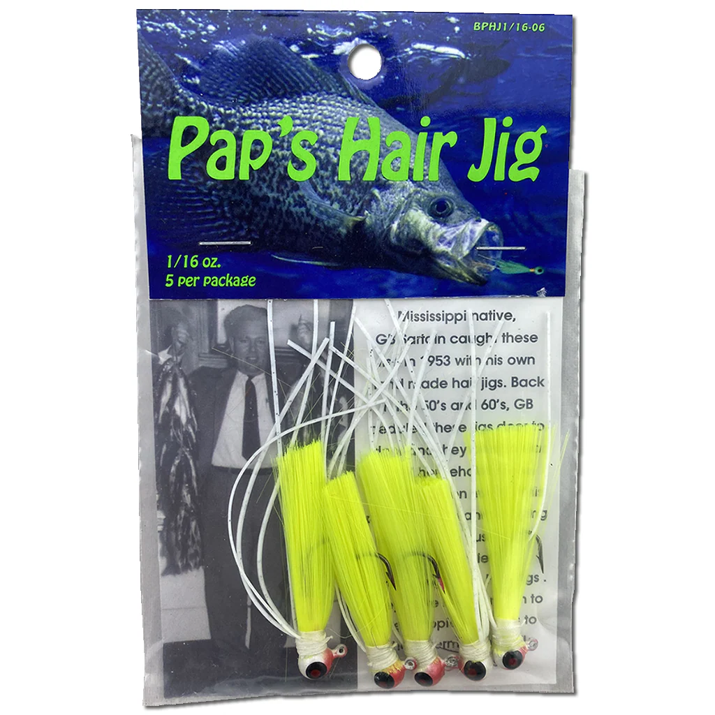 Paps Hair Jig 5 Pack Red White Head Yellow Tail 1/16 Ounce