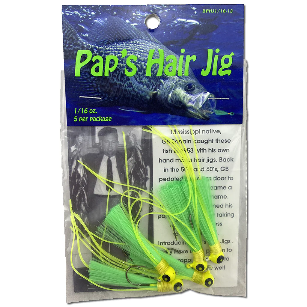 Paps Hair Jig Five Pack Yellow Head Green Tail 1/16 Ounce