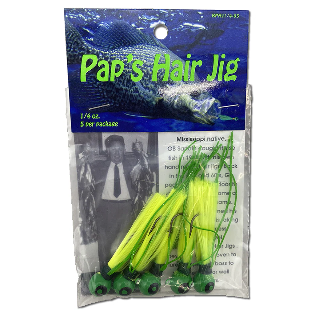 Paps Hair Jig 5 Pack Green Head Yellow Tail