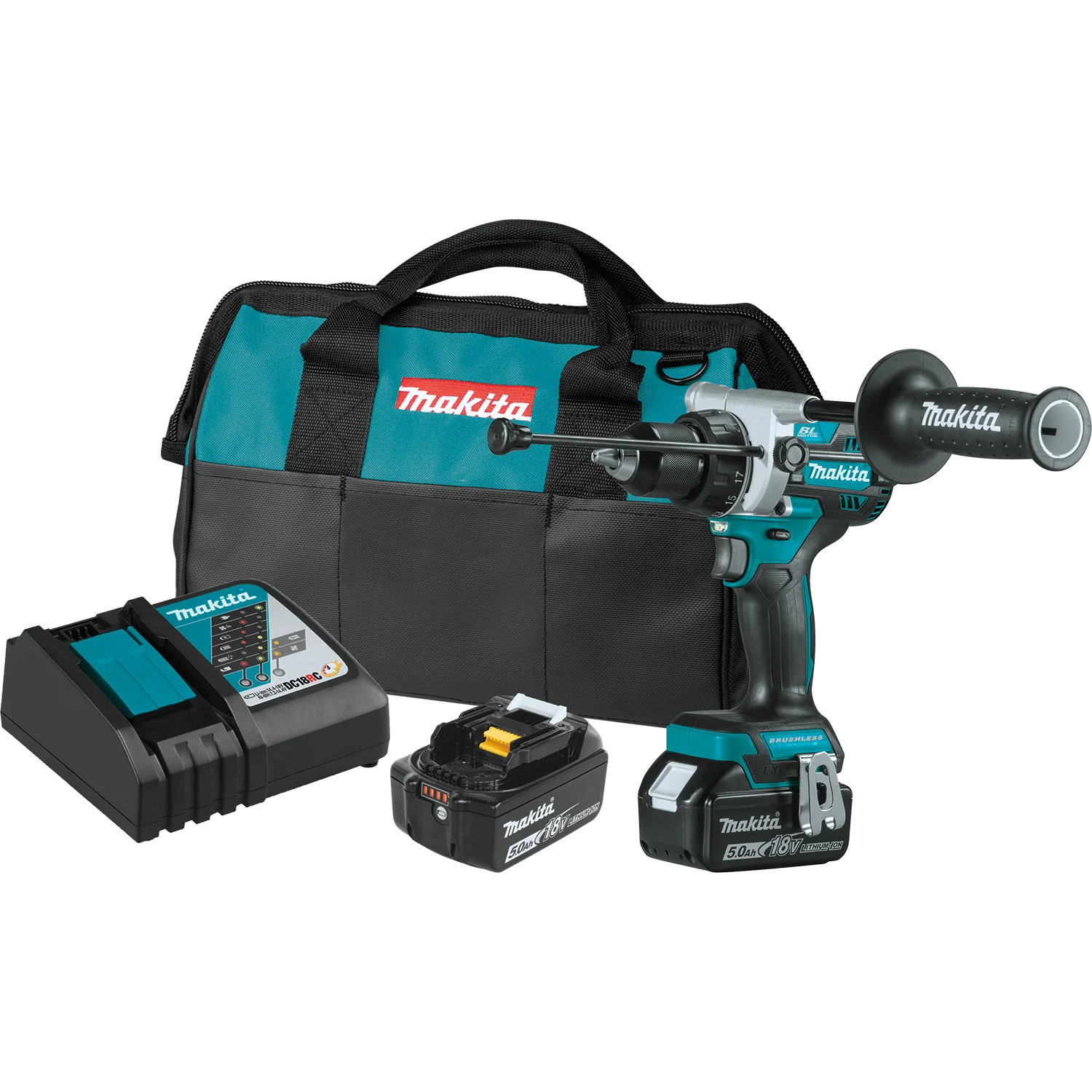 Makita 18 Volt LXT Lithium‑Ion Brushless Cordless 1/2 Inch Hammer Driver‑Drill Kit 5.0Ah Factory Serviced