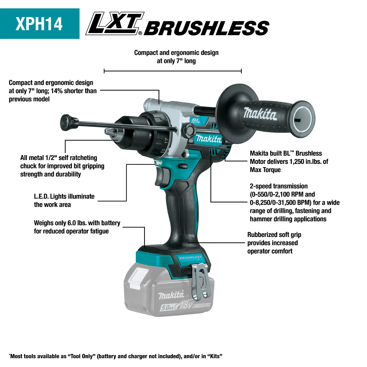 Makita 18 Volt LXT Lithium‑Ion Brushless Cordless 1/2 Inch Hammer Driver‑Drill Kit 5.0Ah Factory Serviced - Image 5