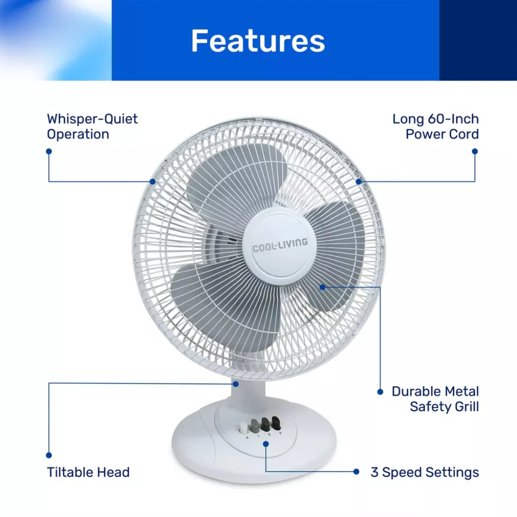 Cool Living 3 Speed Oscillating 12 Inch White Table Fan - Image 3