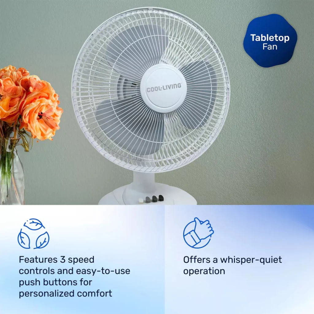 Cool Living 3 Speed Oscillating 12 Inch White Table Fan - Image 4