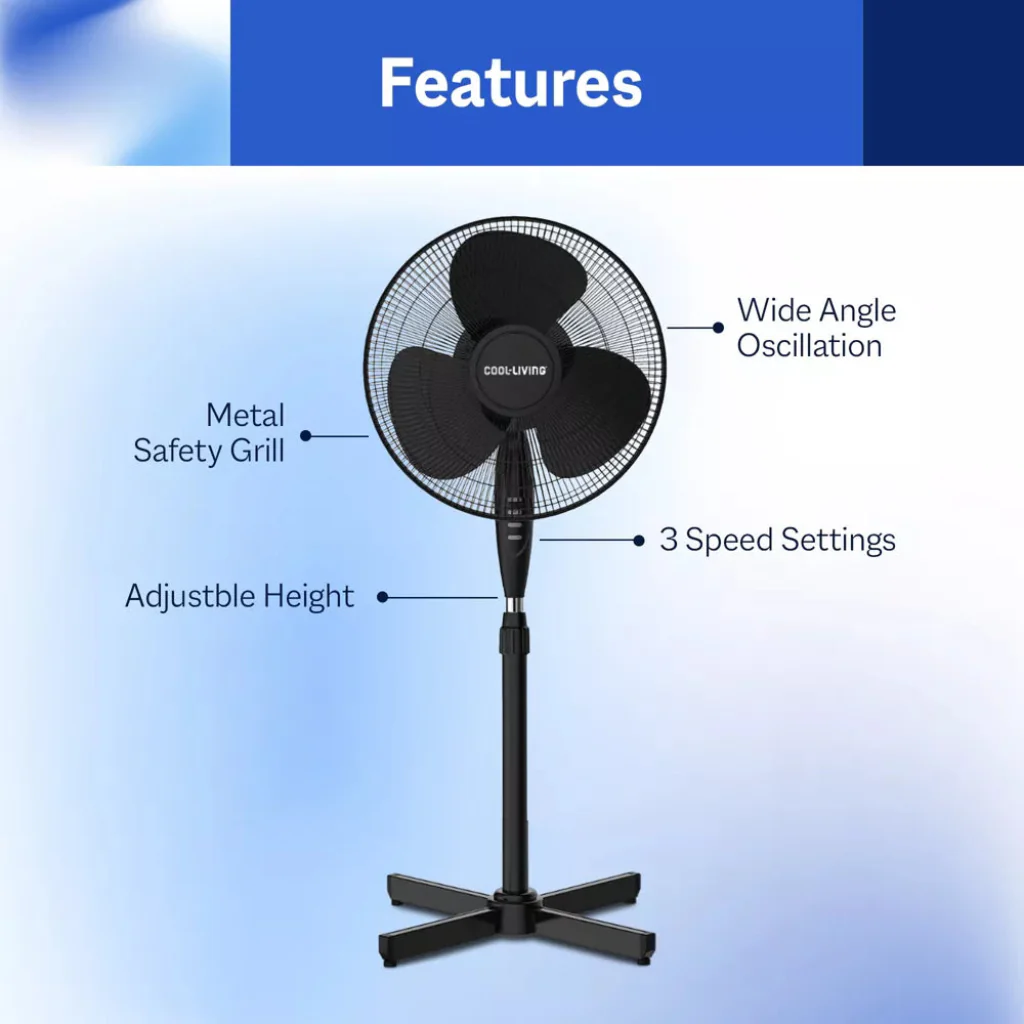 Cool Living Black 16 Inch Electric Oscillating Pedestal Fan - Image 3