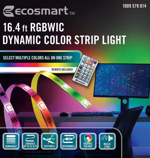Ecosmart 16.4FT RGBWIC Dynamic Color Changing Dimmable Linkable Plug-In LED Strip Light with Remote Control Damaged Box - Image 5