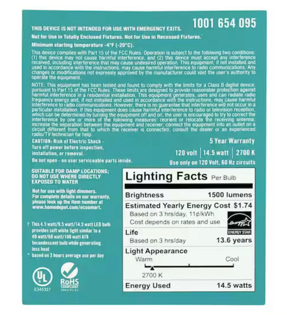 EcoSmart 40/60/100 Watt Equivalent A19 Energy Star 3-Way LED Light Bulb Soft White (2-Pack) - Damaged Box - Image 4