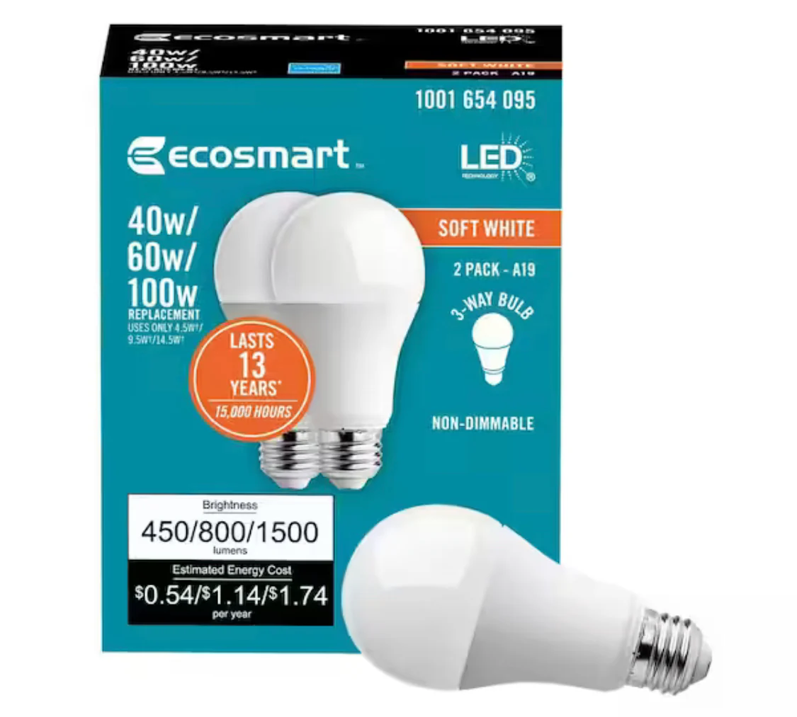 EcoSmart 40/60/100 Watt Equivalent A19 Energy Star 3-Way LED Light Bulb Soft White (2-Pack) - Damaged Box - Image 5