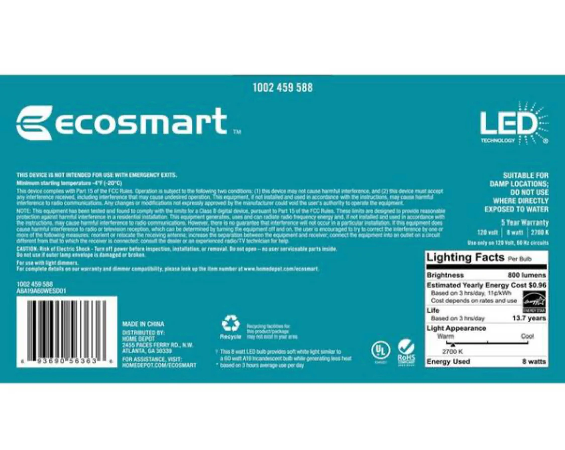 EcoSmart 60-Watt Equivalent A19 Dimmable Energy Star Frosted Filament LED Light Bulb Soft White (4-Pack) - Damaged Box - Image 3