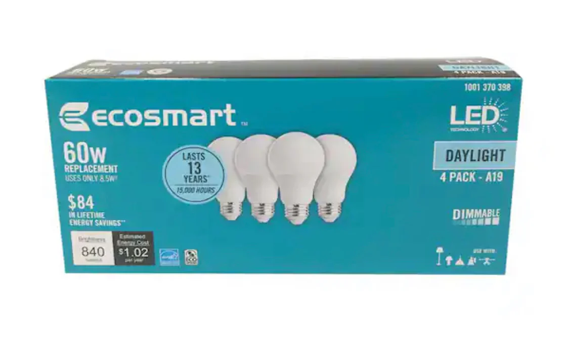 EcoSmart 60-Watt Equivalent A19 Dimmable Energy Star LED Light Bulb Daylight (4-Pack) - Damaged box - Image 3