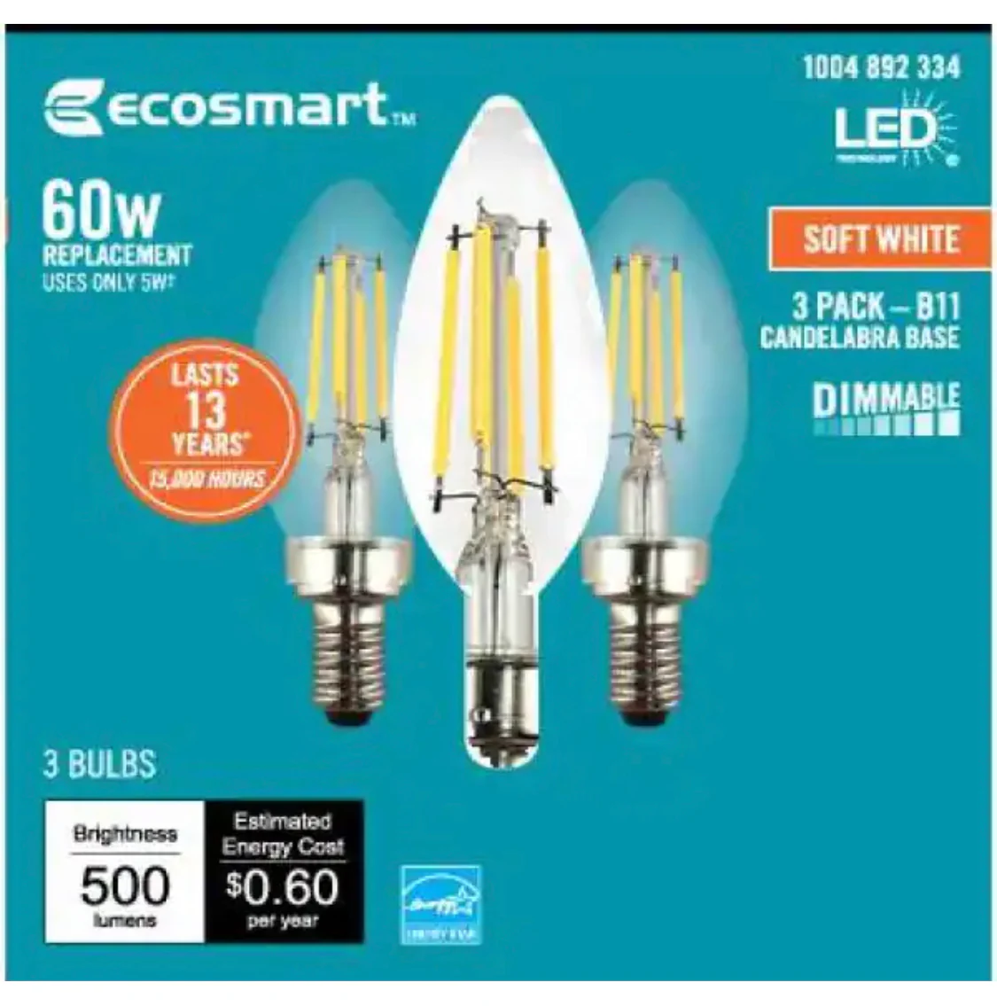 EcoSmart 60-Watt Equivalent B11 Dimmable E12 Candelabra ENERGY STAR Clear Glass LED Vintage Edison Light Bulb Soft White (3-Pack) - Damaged Box - Image 11