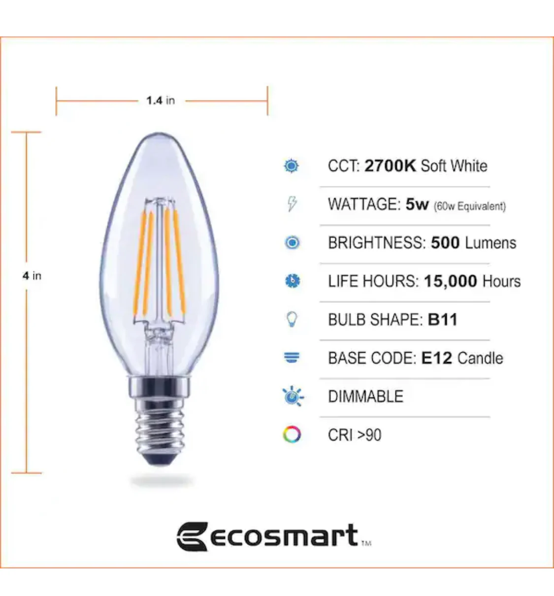 EcoSmart 60-Watt Equivalent B11 Dimmable E12 Candelabra ENERGY STAR Clear Glass LED Vintage Edison Light Bulb Soft White (3-Pack) - Damaged Box - Image 9
