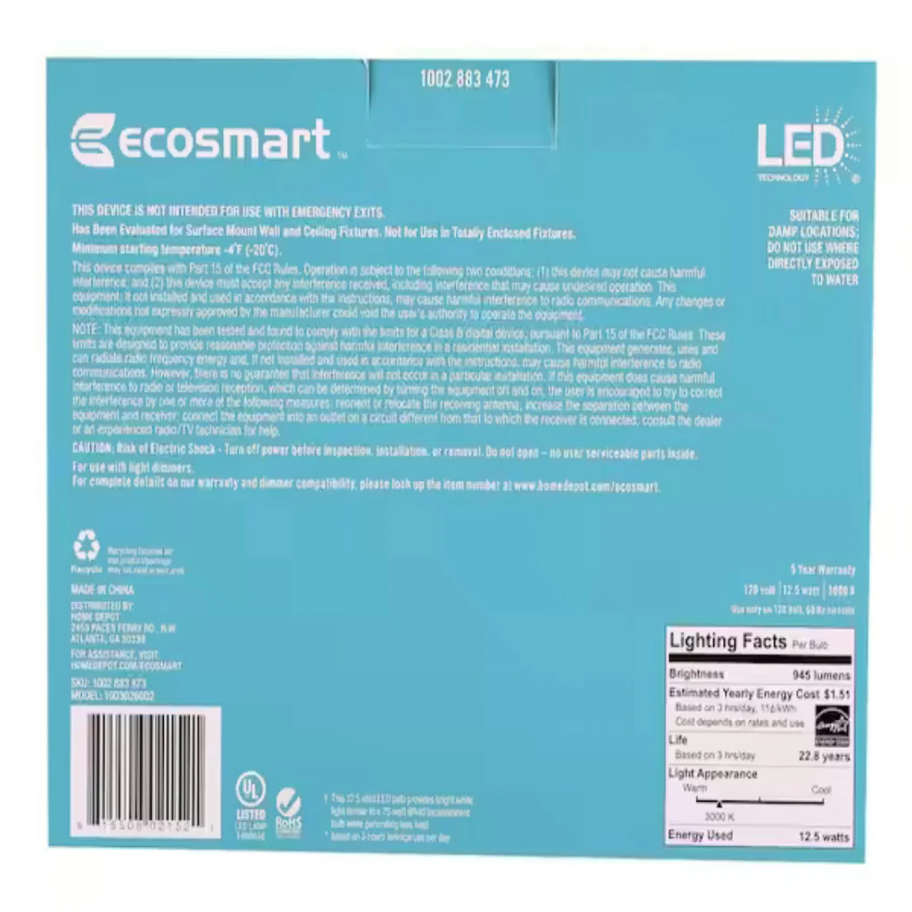 EcoSmart 75-Watt Equivalent BR40 Dimmable Energy Star LED Light Bulb Bright White (2-Pack) - Image 4