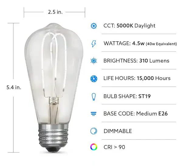 Feit Electric 40-Watt Equivalent ST19 Dimmable M-Shape Filament Clear Glass E26 Vintage Edison LED Light Bulb, Daylight 5000K Damaged Box - Image 3