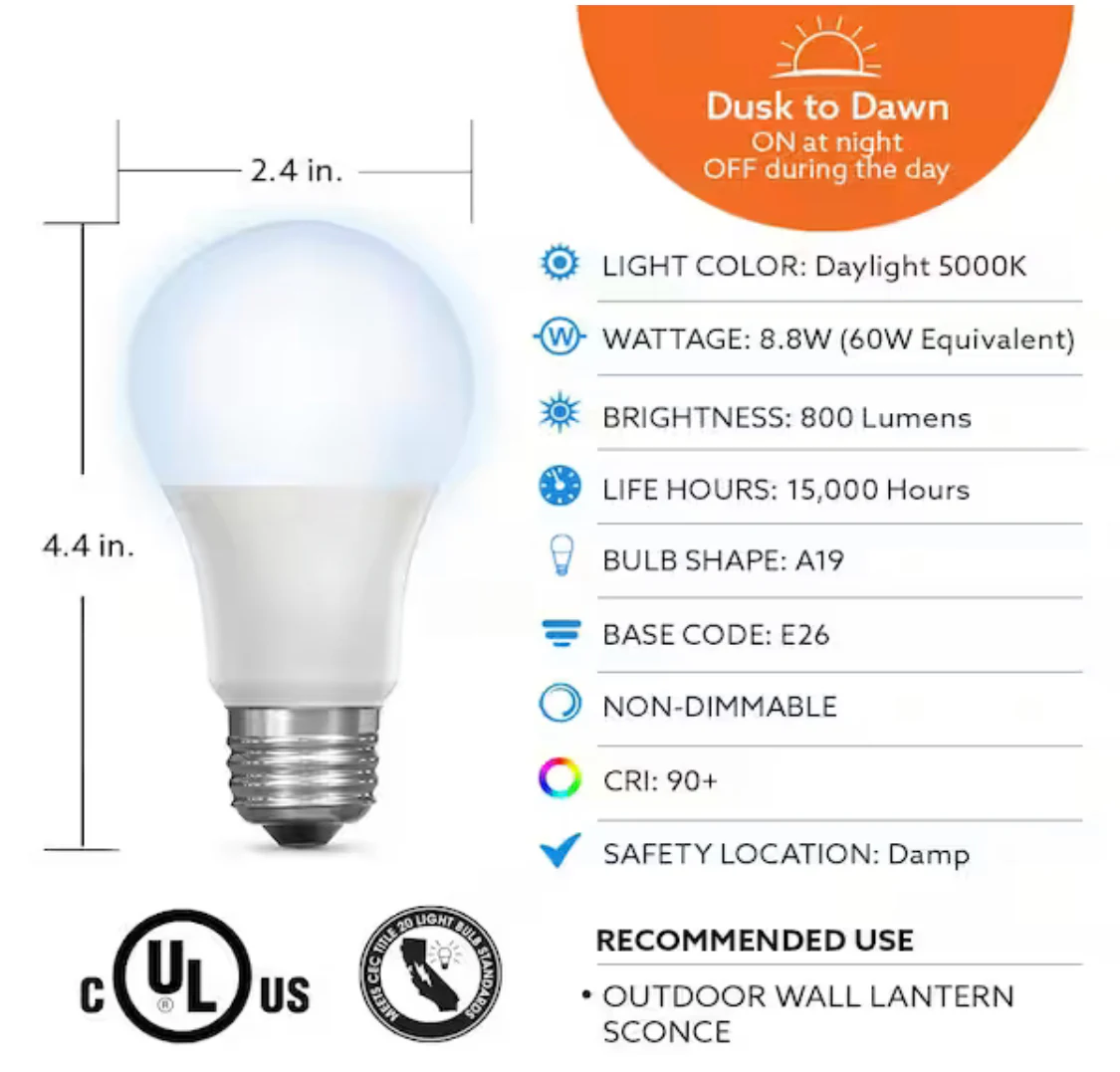 Feit Electric 60-Watt Equivalent A19 IntelliBulb Dusk to Dawn CEC Title 20 Compliant 90+ CRI LED Light Bulb, Daylight 5000K - Image 3