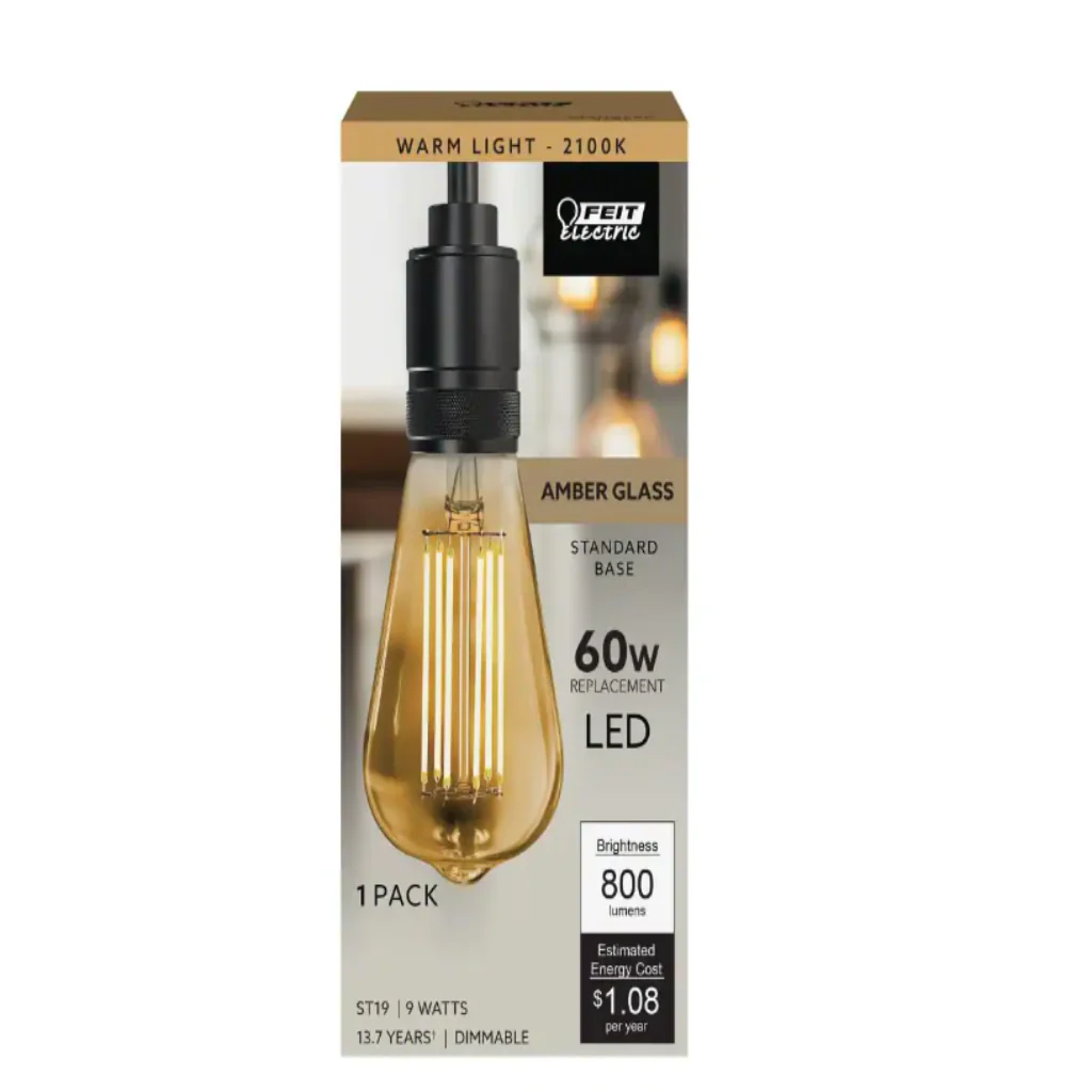 Feit Electric 60-Watt Equivalent ST19 Dimmable Straight Filament Amber Glass E26 Vintage Edison LED Light Bulb, Warm White 2100K Damaged Box - Image 2