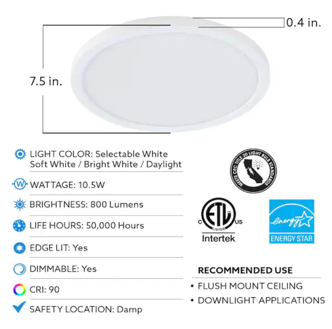 Feit Electric 7.5 in. 10.5-Watt Title 24 Dimmable White Integrated LED Round Flat Panel Ceiling Flush Mount with Color Change CCT - Damaged Box - Image 2