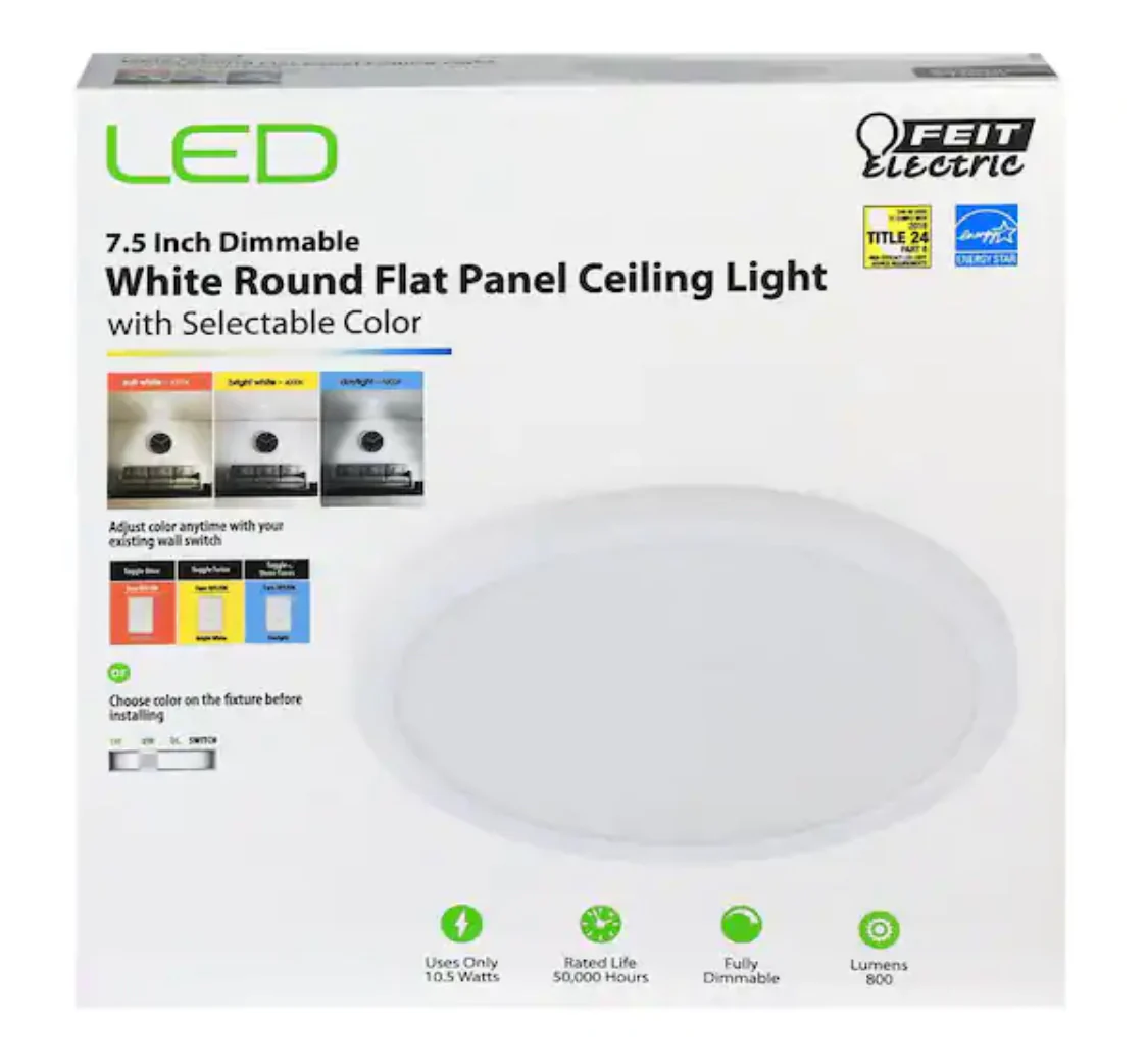 Feit Electric 7.5 in. 10.5-Watt Title 24 Dimmable White Integrated LED Round Flat Panel Ceiling Flush Mount with Color Change CCT - Damaged Box - Image 3