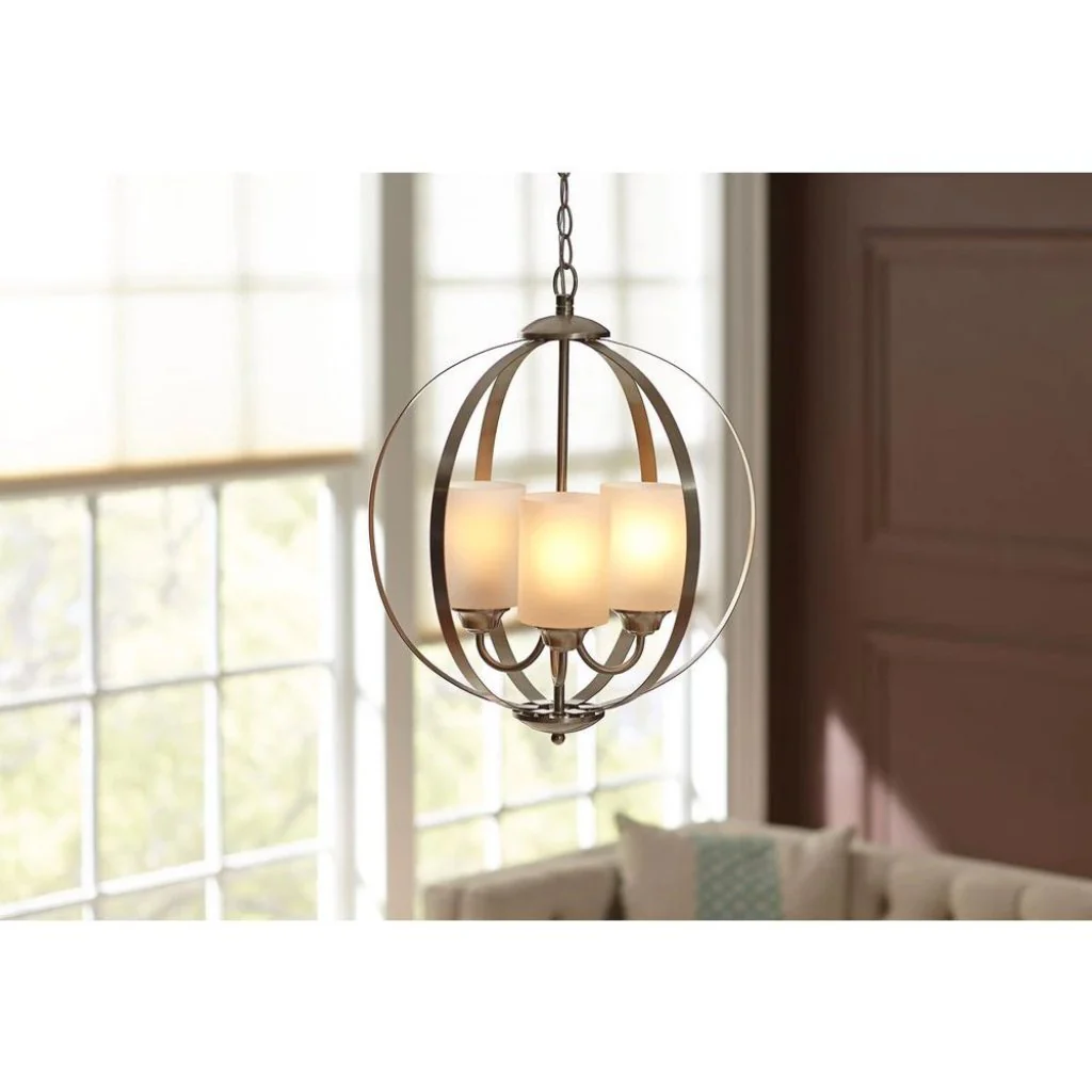 Hampton Bay 3-Light Brushed Nickel Chandelier with Etched White Glass Shades Damaged Box - Image 2