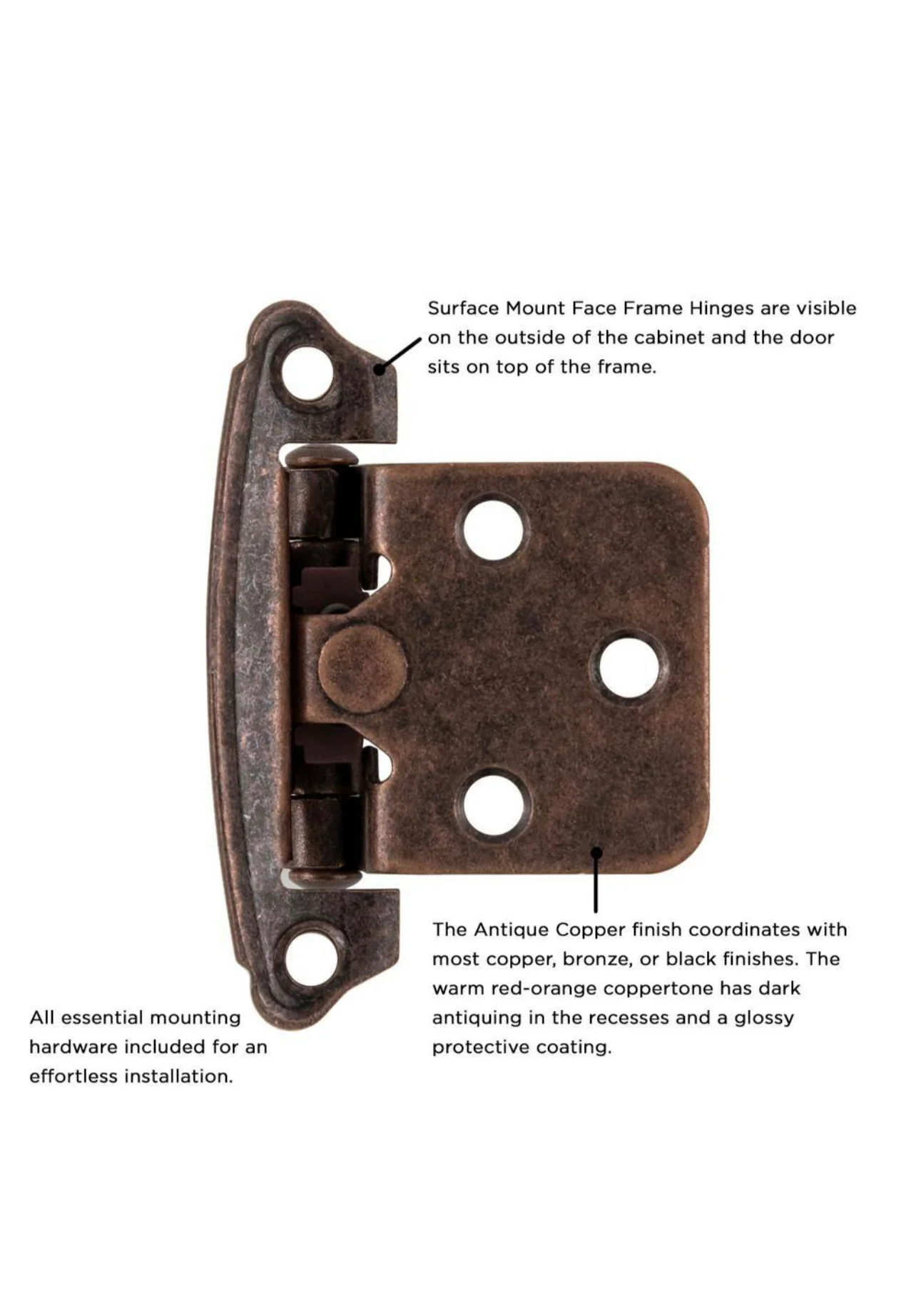 Hickory Hardware 1-14/15 in. x 2-5/8 in. Antique Copper Surface Self-Closing Hinge (2-Pack) - Image 3