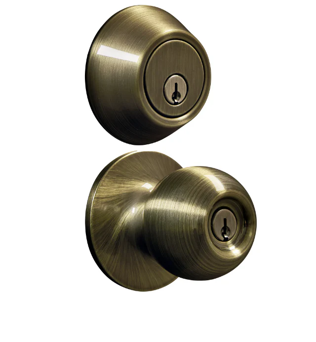 Hyper Tough Keyed Entry Ball Style Doorknob and Deadbolt Combo Antique Brass Finish Damaged Box