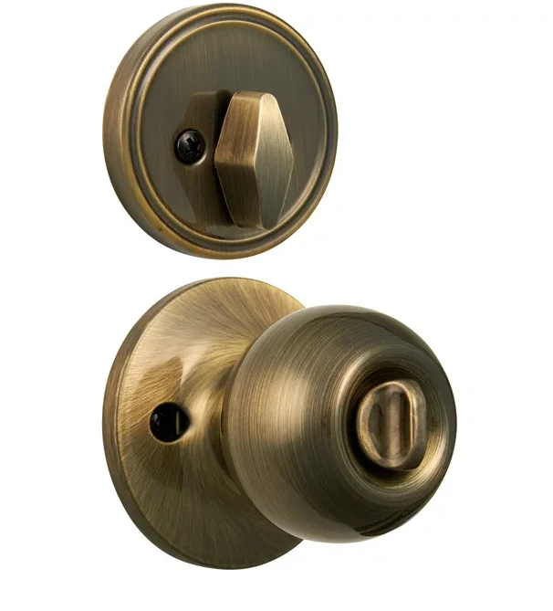 Hyper Tough Keyed Entry Ball Style Doorknob and Deadbolt Combo Antique Brass Finish Damaged Box - Image 2