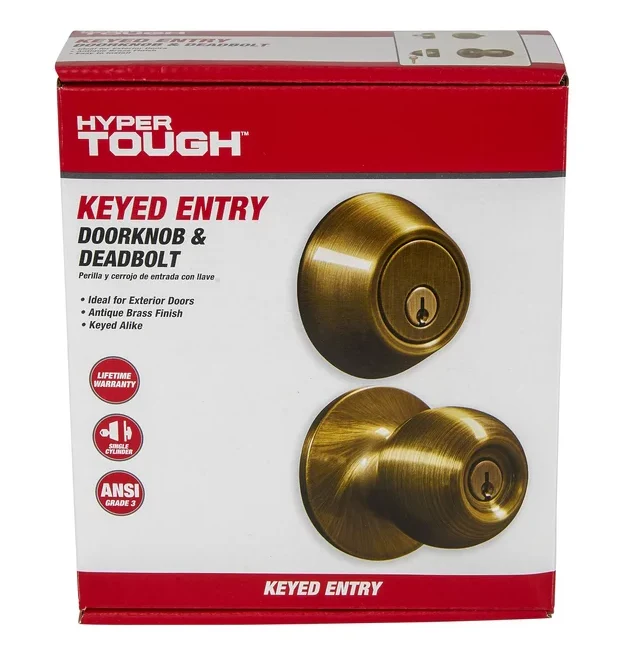 Hyper Tough Keyed Entry Ball Style Doorknob and Deadbolt Combo Antique Brass Finish Damaged Box - Image 4