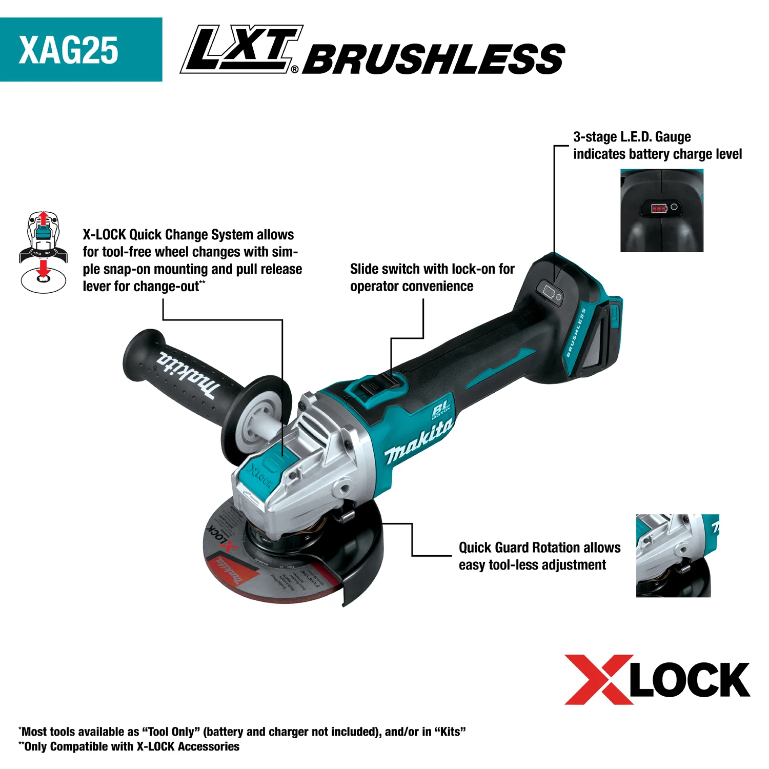Makita 18V LXT 4 1/2 Inch Or 5 Inch  X-LOCK Angle Grinder with AFT Tool Only Factory Serviced - Image 2