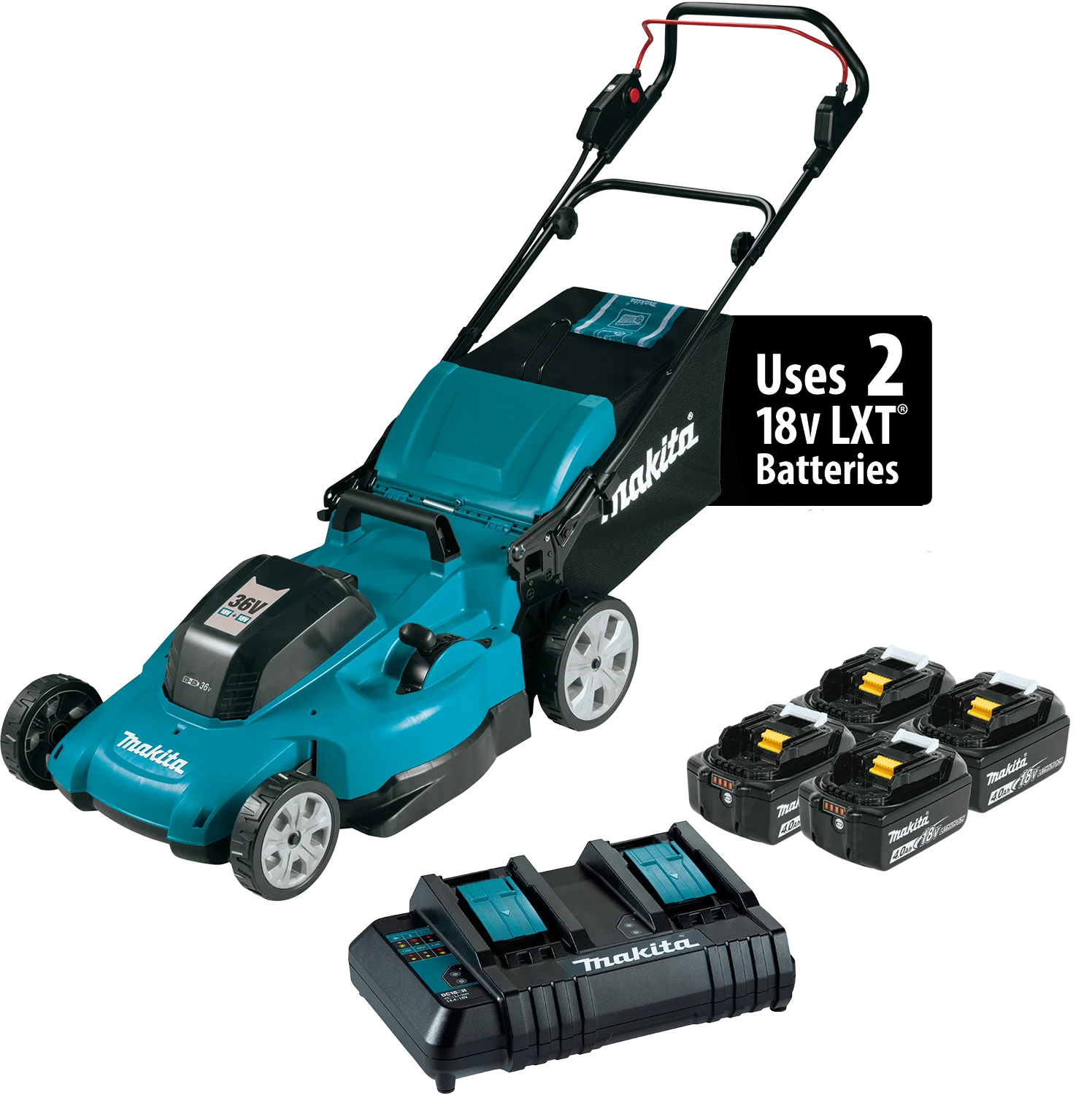 Makita 18V X2 36 Volt LXT 21in Lawn Mower Kit with 4 Batteries 4Ah Factory Serviced