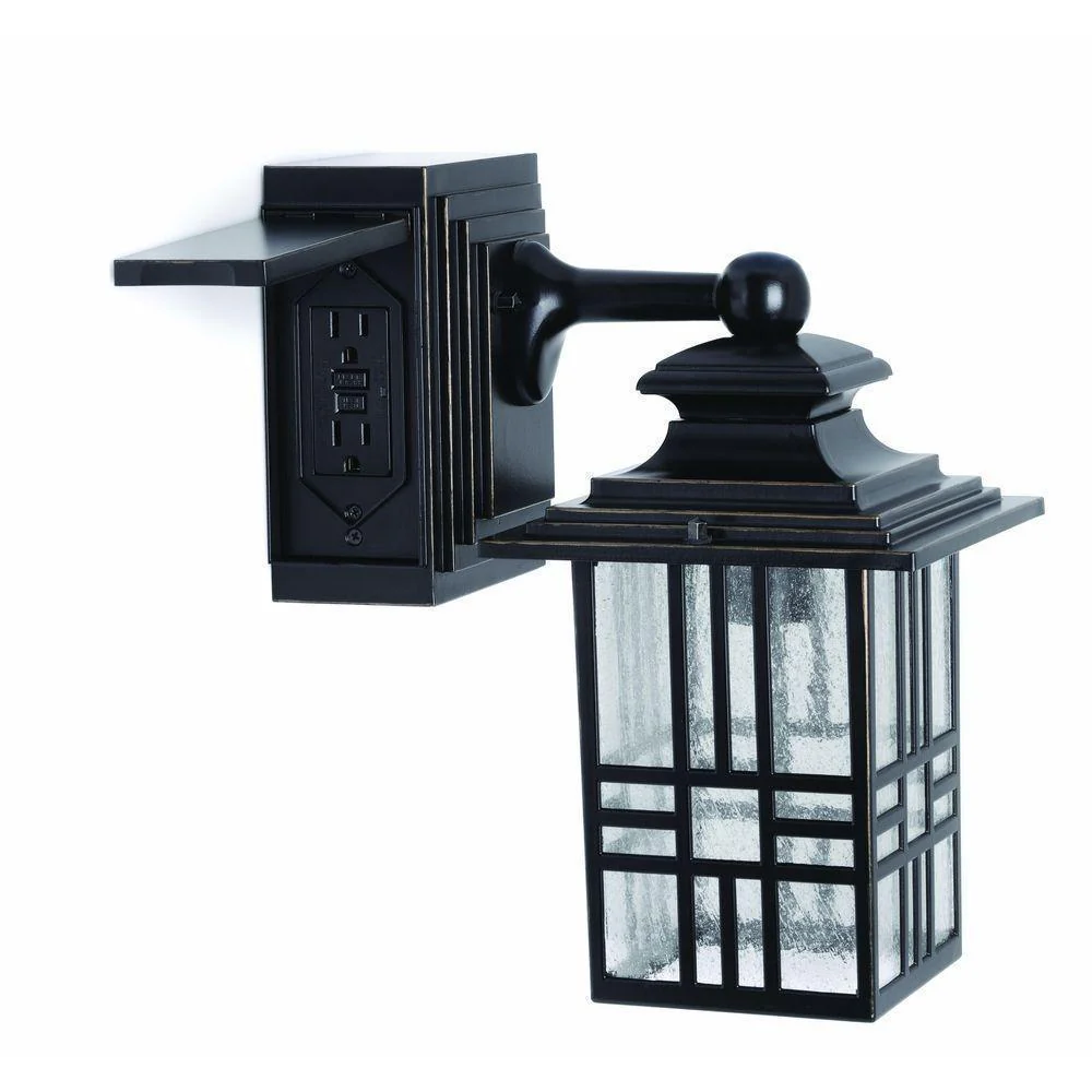 Mission Style Black with Bronze Highlight Outdoor Wall Lantern with Built-In Electrical Outlet (GFCI) Damaged Box
