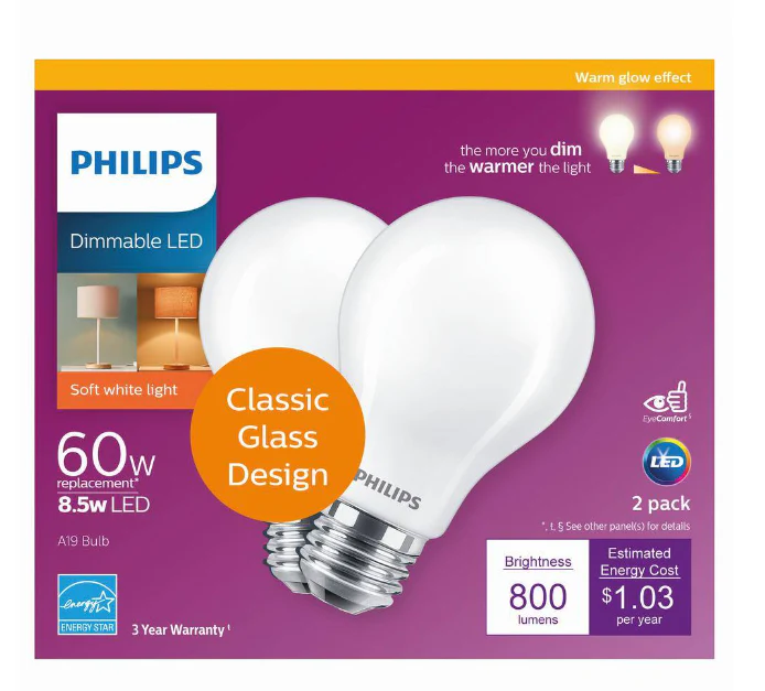 Philips 60 Watt Equivalent A19 Energy Saving LED Light Bulb in Soft White with Warm Glow Dimming Effect 2700K 2 Pack Damaged Box - Image 3