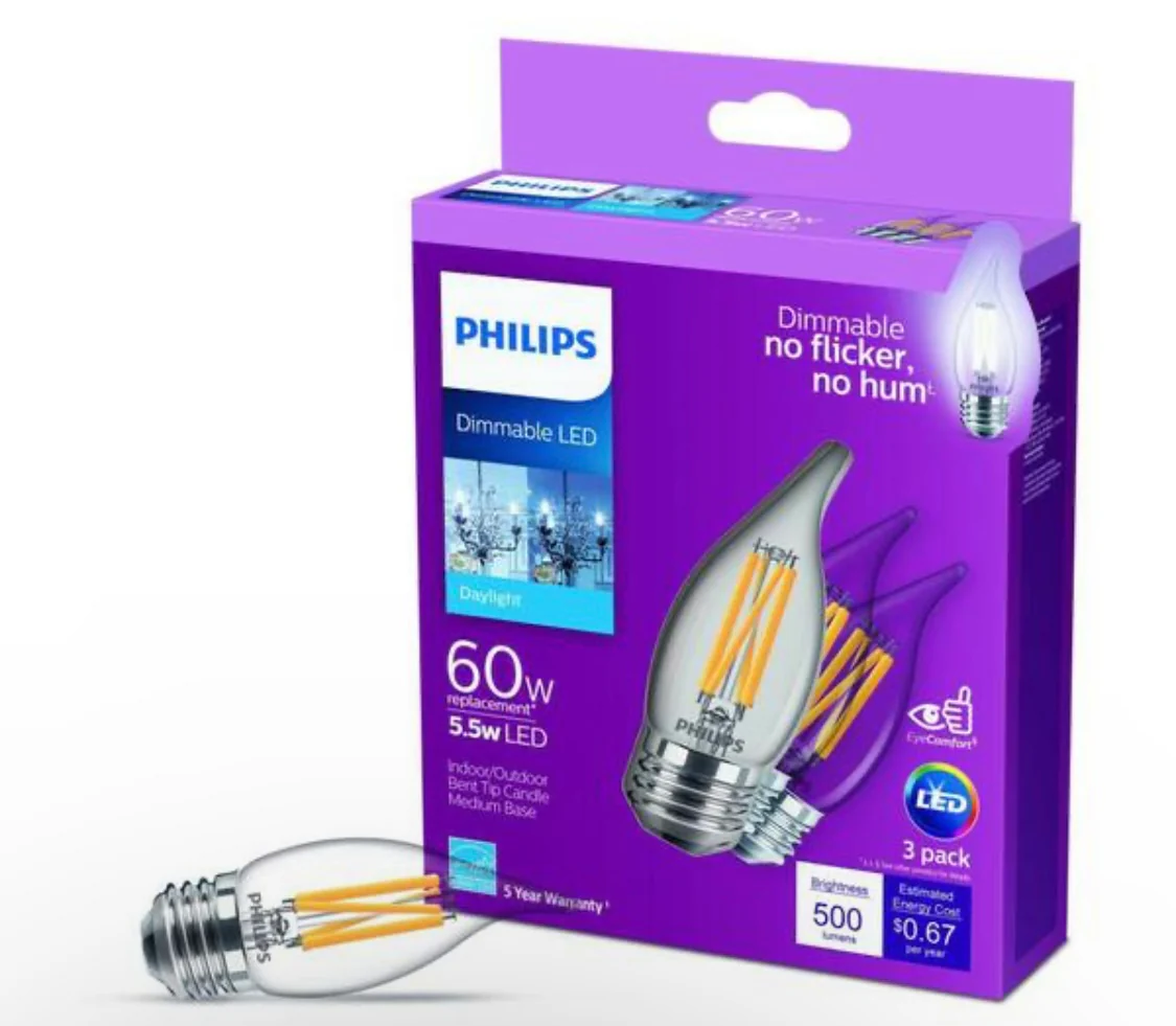 Philips 60-Watt Equivalent B11 Dimmable Edison LED Candle Light Bulb Glass Bent Tip Medium Base Daylight (5000K) (3-Pack) - Damaged Box - Image 8