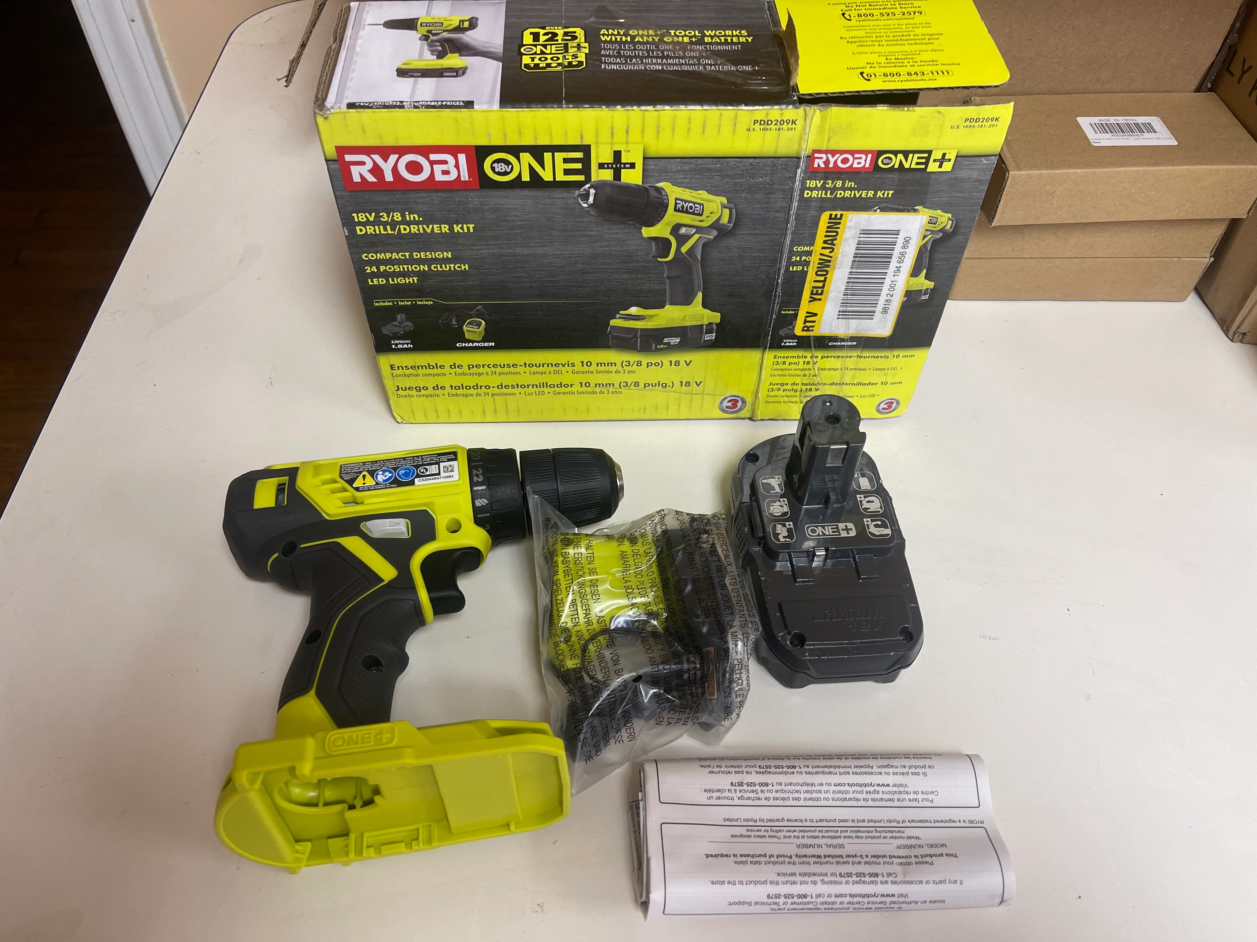 Ryobi One Plus 18V Cordless 3/8 in. Drill And Driver Kit with 1.5 Ah Battery and Charger Damaged Box - Image 2