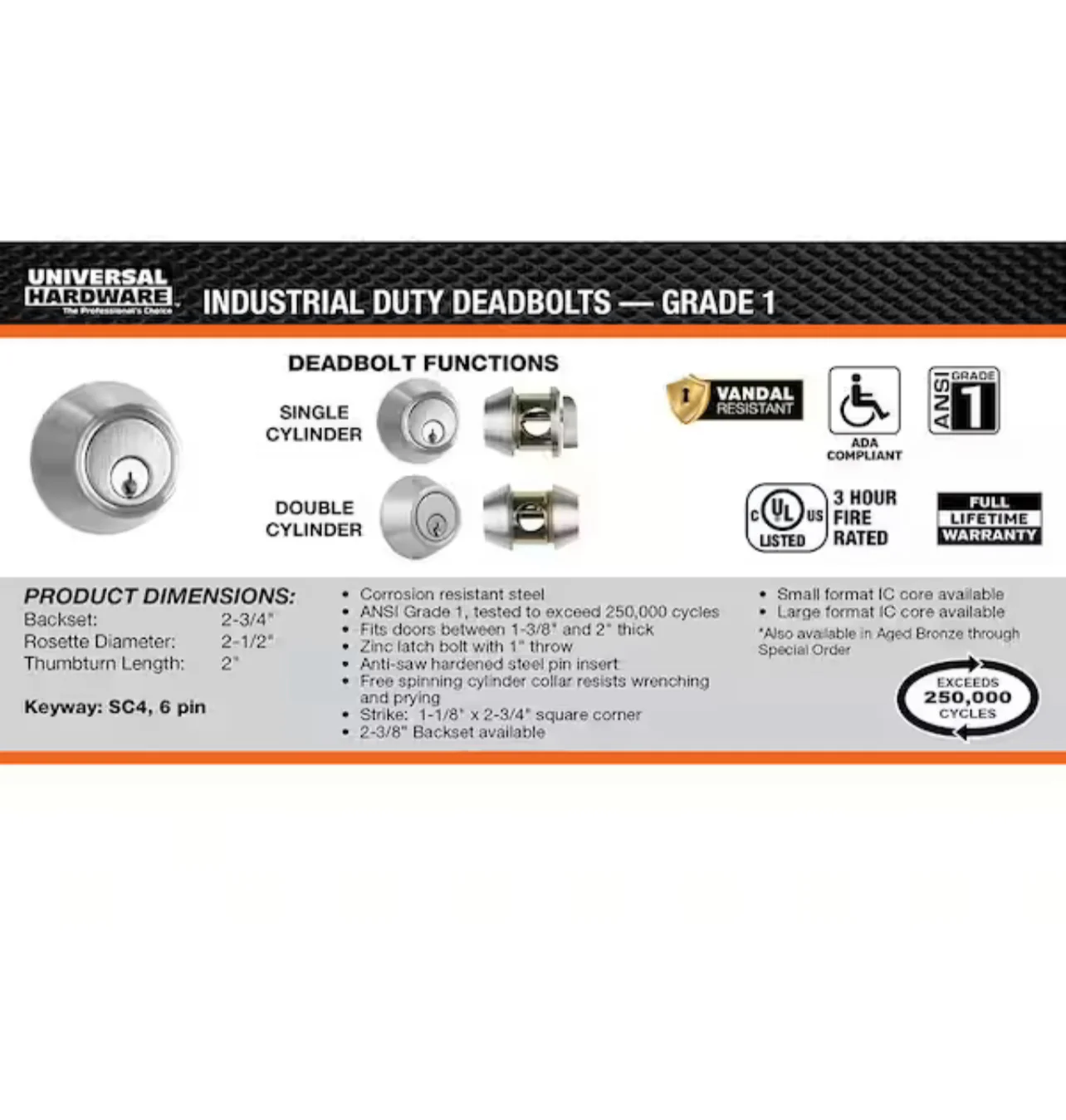 Universal Hardware Industrial Duty Commercial Double Cylinder Deadbolt, UL 3-Hr Fire ANSI Grade 1, Satin Chrome Finish Damaged Box - Image 6