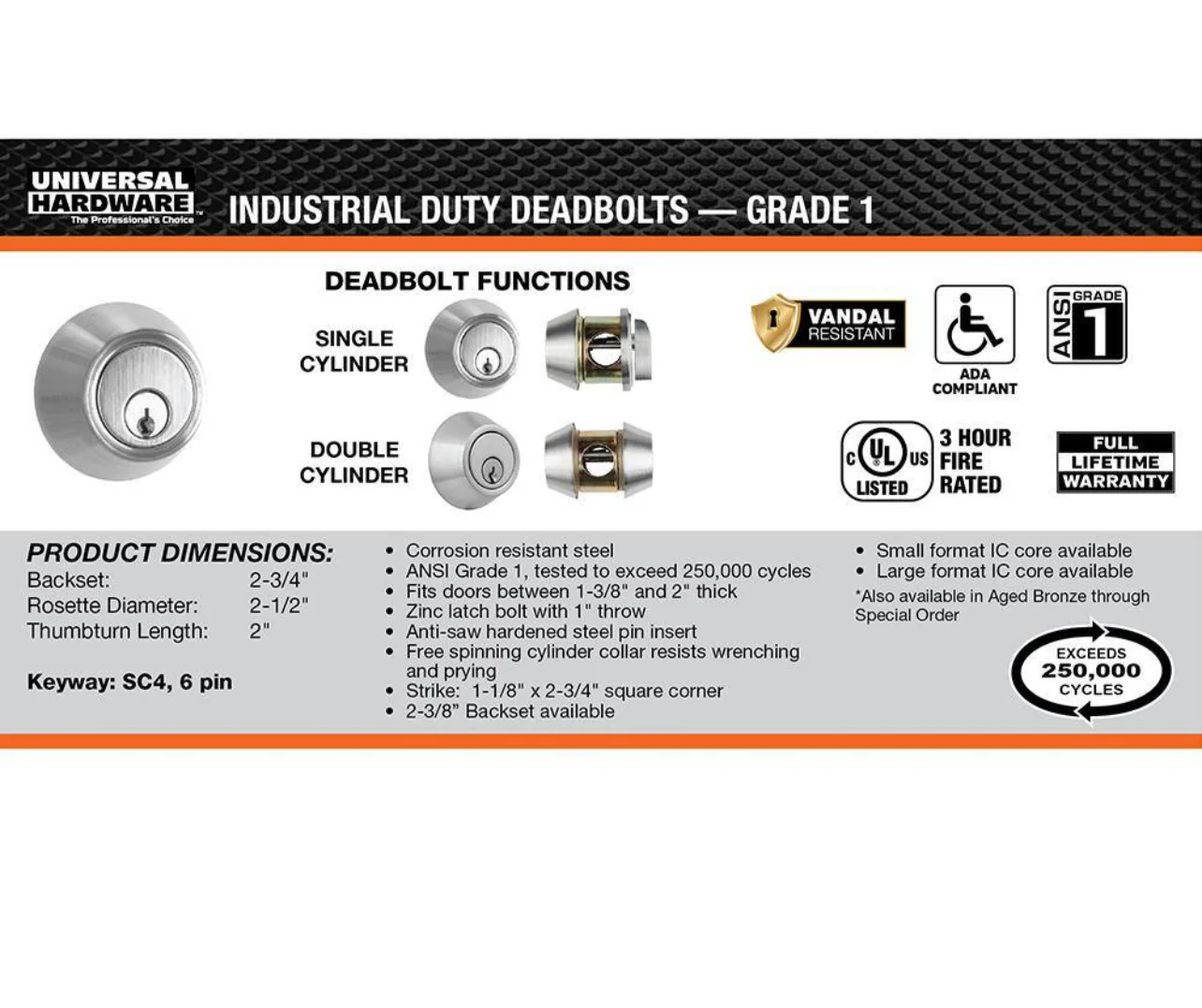 Universal Hardware  Industrial Duty Commercial Single Cylinder Deadbolt, UL 3-Hr Fire ANSI Grade 1, Satin Chrome Finish Damaged Box - Image 9