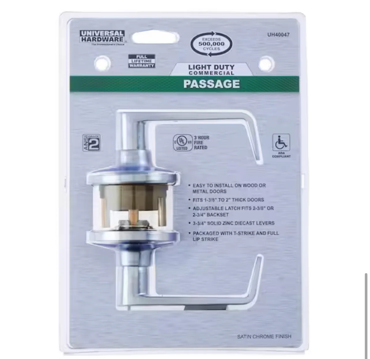 Universal Hardware Light Duty Commercial Passage (hall/closet) Lever ADA UL 3-Hr Fire ANSI Grade 2, Satin Chrome Finish Damaged Box - Image 9