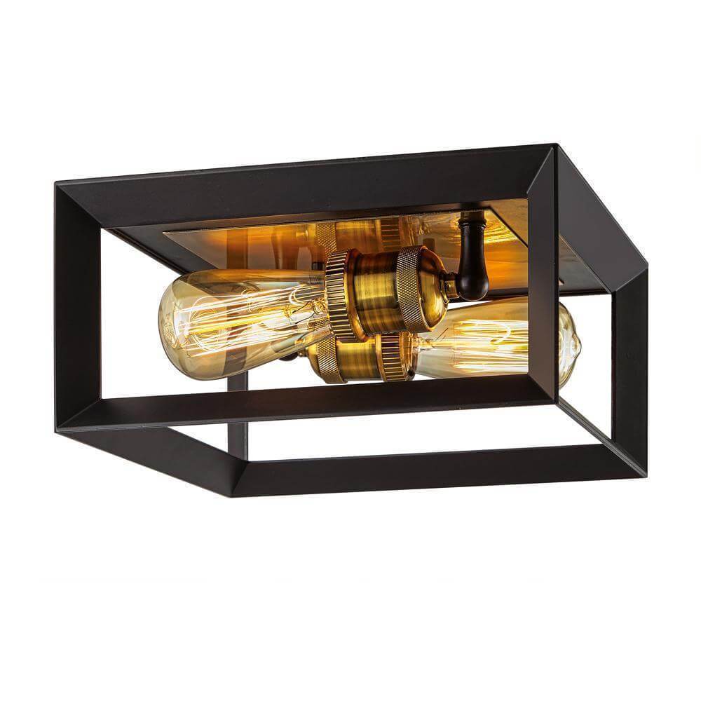 Walden Forge 11.5 in. 2-Light Matte Black Frame Flush Mount with Antique Brass Sockets Damaged Box