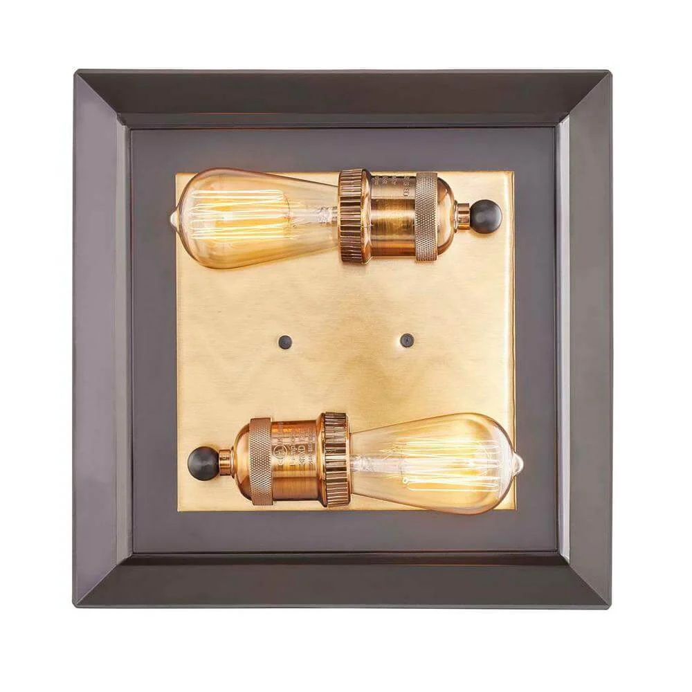 Walden Forge 11.5 in. 2-Light Matte Black Frame Flush Mount with Antique Brass Sockets Damaged Box - Image 2