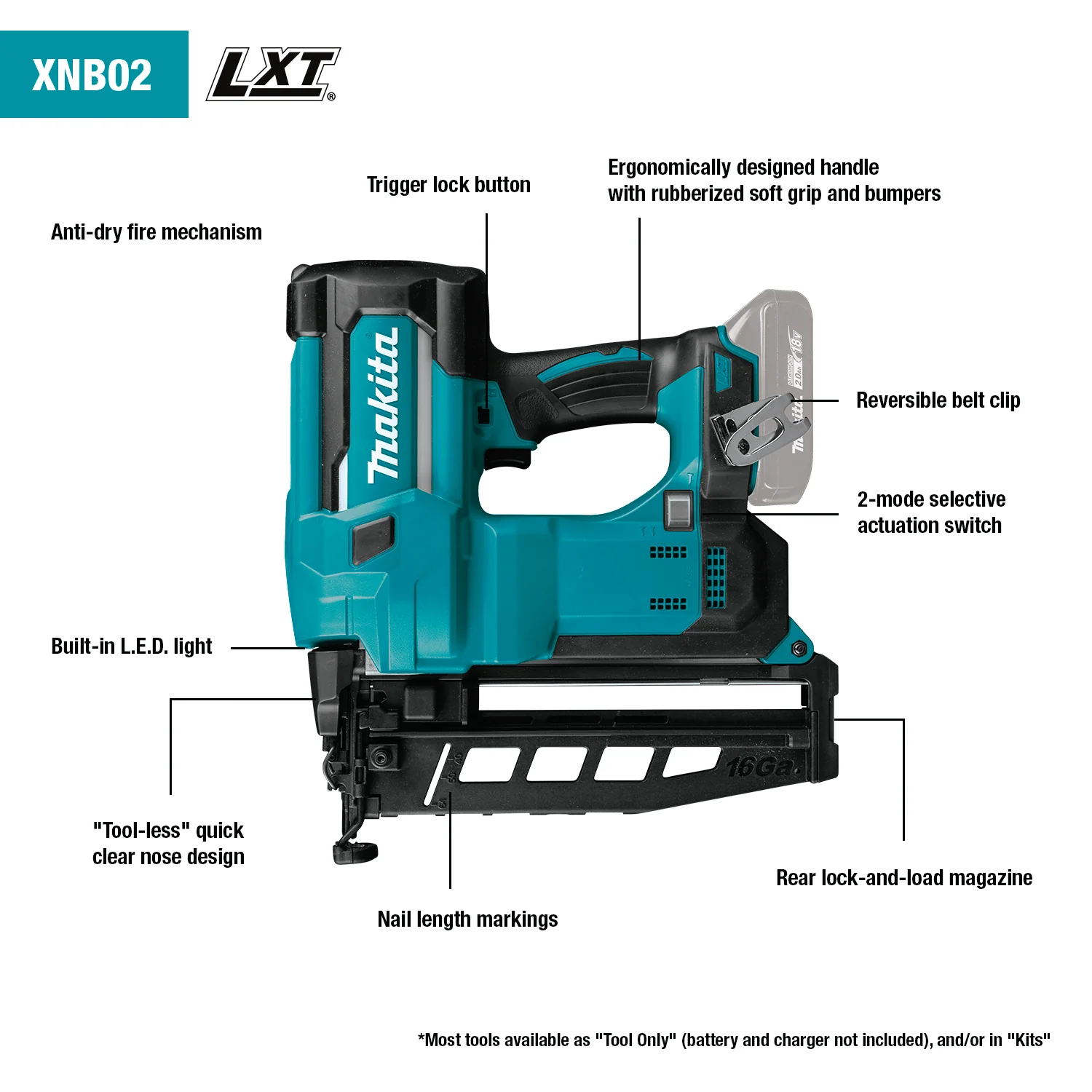 Makita 18 Volt LXT Factory Serviced 2-1/2 Inch Straight Finish Nailer, 16 Gauge Tool Only Factory Serviced - Image 2